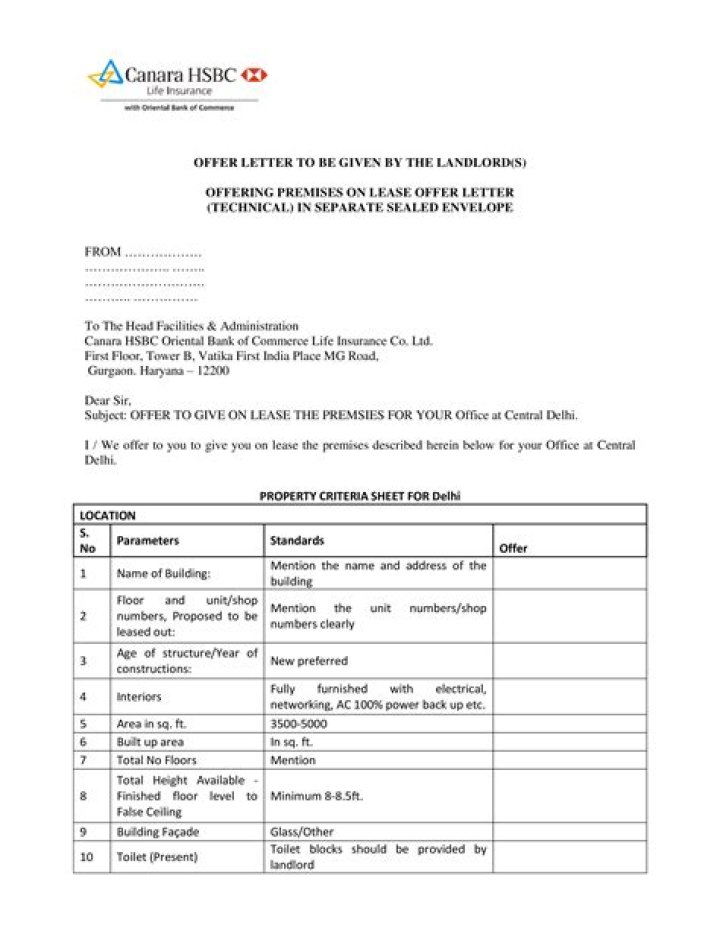 Offer Letter For Rent Of Property